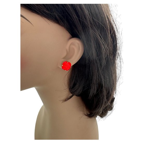 Electric Red Cushion Cut Solitaire Stud Earrings made with 12mm Premium Crystals - Picture 5 of 5